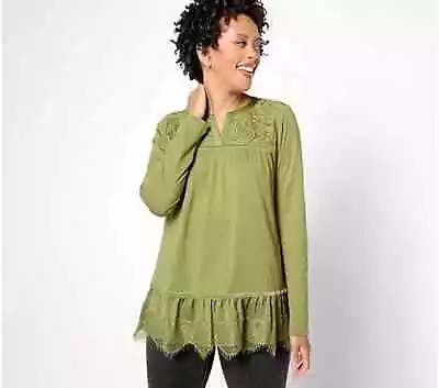 LOGO By Lori Split V-Neck Top W/Lace & Velvet Trim-Loden Green-Medium A628921 • $19.99