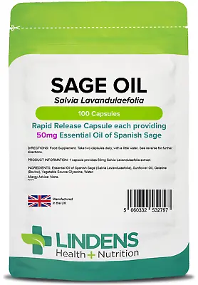 Lindens Sage Essential Oil 50mg - 100 Rapid Release Capsules - Menopause • £6.99