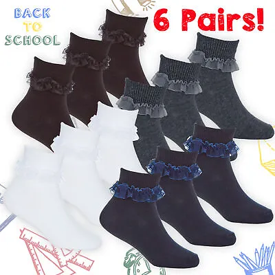£5.99 • Buy 6 Pairs Girls Frilly Socks Ankle Back To School Uniform Lace Ruffle Size 6.5-5.5