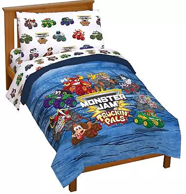 Monster Jam Truckin' Pals 4 Piece Toddler Bed Set - Includes Comforter & Shee... • $73.09