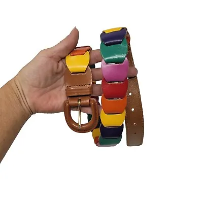 Vintage 80's Genuine Leather Rainbow Linked Belt S Kidcore Colorful Miss Frizzle • $39