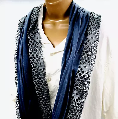 Infinity Scarf Shawl Lace Cut Out Crochet Blue Gray Soft T-Shirt Fabric 30 Women • $10.39