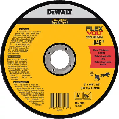 DeWalt DWAFV86045  6 X .045 X 7/8 Flexvolt Type 1 Metal Cutting Wheel • $17.06