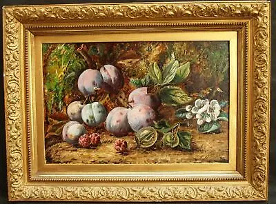 $1.23 • Buy FINE C1880 STILL LIFE PLUMS & FLOWERS On MOSSY BANK ANTIQUE Oil Painting