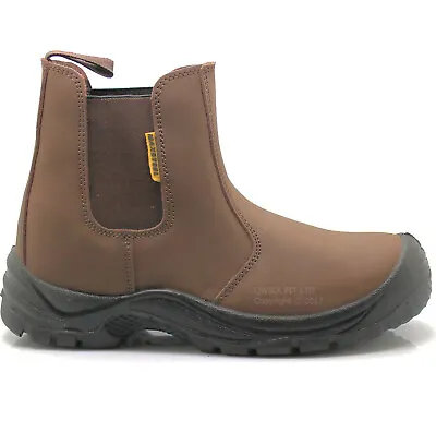 Mens Brown Chelsea Leather Dealer Slip On Safety Boots Work Steel Toe Cap Shoes • £26.95