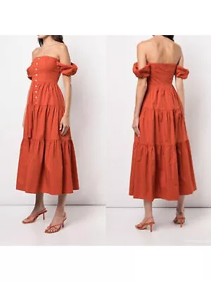 STAUD Womens Orange Decorative Button Lined Pouf Sleeve Midi Dress 12 • $89.99