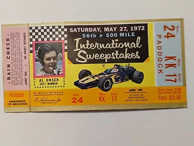 1972 Indianapolis 500 Motor Speedway Race Ticket Stub 56th Running Mark Donohue • $50