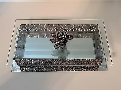 Vintage Metal Filigree Beveled Glass Trinket/Jewelry Box Mirrored Rose Floral • $15