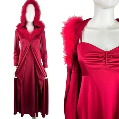 Vtg 70s Maroon Marabou Trim Hooded Robe W/ Maxi Disco Dress Set Size S/M Womens • $179.99