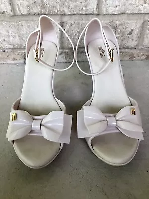 Melissa Brand Rubber Wedge Heels Sandals Oatmeal Color Ankle Strap Bow Size 9 • $39