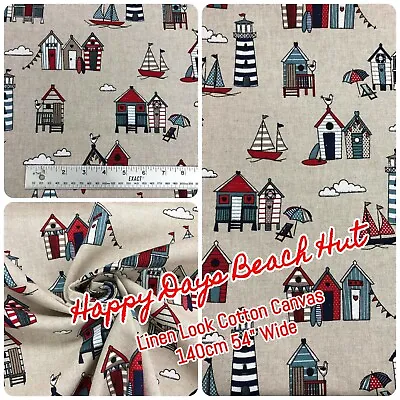 £5.99 • Buy BEACH HUT HAPPY DAYS Natural Colour Linen-Look 100%Cotton Fabric 140cm 54  Wide