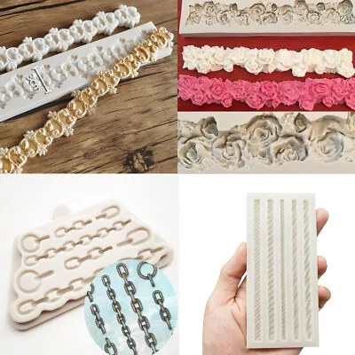 Relief Flower Bead Chain Rope Silicone Fondant Mould Cake Border Decorating Mold • £4.59