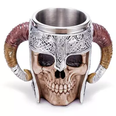 Stainless Steel Double Handle Horn Skull Beer Cup Viking Warrior Skull Mug T... • $39.88
