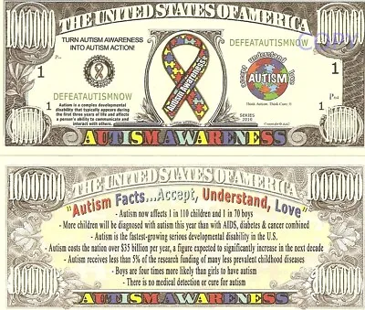 Autism Awareness Facts Accept Understand Love Million Dollar Bills X 2 • £1.99