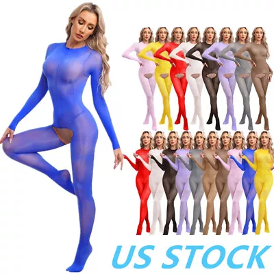 US Women's Sheer Glossy Bodystocking Crotchless Full Bodysuit Jumpsuit Tights • $12.77