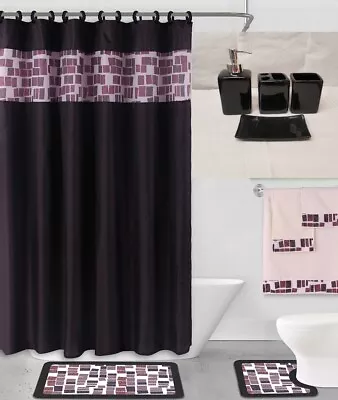 $28 • Buy Complete Bathroom Set 2 Bath Mats 1 Shower Curtain & Fabric Hooks And Ceramic