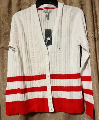 Bass Cotton Cardigan Red / White Strip Varsity Style Sweater Women's XL • $19.99