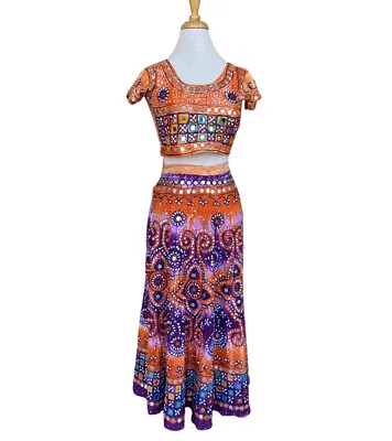 Embroidered Indian Lehenga Choli Orange Purple Dyed Pearls Mirror Art As Is • $32.04