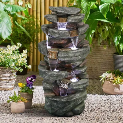 Solar Powered Water Fountain Feature Wood/Rock Pool Waterfall For Outdoor Garden • £69.99