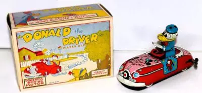 SCARCE NEAR MINT BOXED SET: DISNEY 1950s  DONALD THE DRIVER  LINEMAR WIND-UP TOY • $599.99