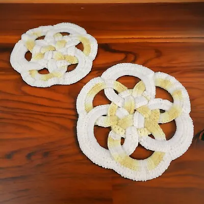 Vintage 2 Hand Crocheted Hot Pad Pot Holder Round Rings Pattern Yellow White • $9.99