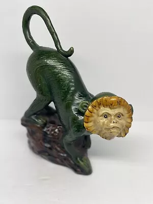 Vintage 1960s Majolica Ceramic Monkey Capuchin Rock Green Brown Glaze Figurine • $79.99