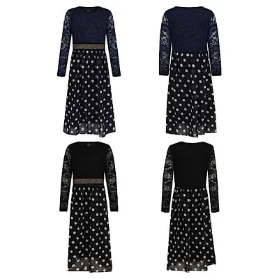 Girls Maxi Dress Kids Long Sleeve Holiday Abaya Islamic Top Polka Dot Eid Party • £8.99