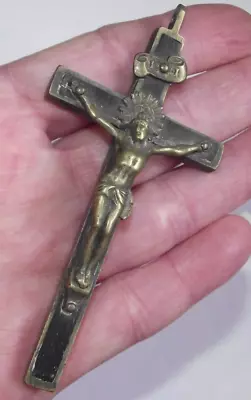 Antique Vtg Brass Ebony Wood INRI Nun's Pectoral Habit Rosary Crucifix Pendant • $95