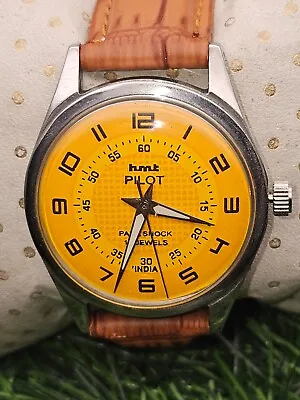 Beautiful Mens HMT Pilot Parashock Mechanical Wind 17J Watch Yellow Dial • $10.99