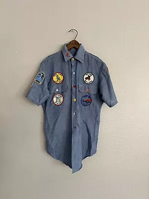 Vintage 1970s Chambray Short Sleeve Collar Shirt Patches • $35