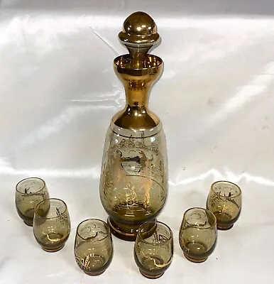 Murano Glass Decanter  & 6 Glasses Set Green With Gold Courting Couple & Gondola • $35