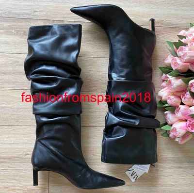 $164.99 • Buy Zara New Woman Knee Gathered Leather High-heel Boots Black 35-42 2006/210