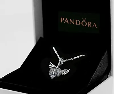 New PANDORA Pave Heart & Angel Wings Silver Necklace 17.7  W/ BOX • $58.65