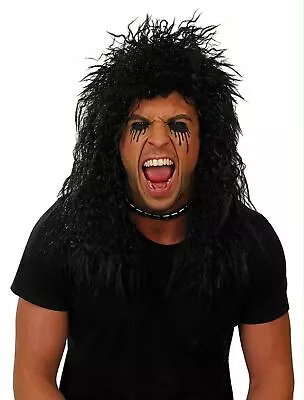 Mens Long Black Glam Rocker Wig For Adult Rockstar Fancy Dress Costume Rock Star • £15.99