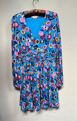 Boden Jersey Mini Tea Dress Size 10R Moroccan Blue Flora Bloom Long Sleeve Pleat • $48.60