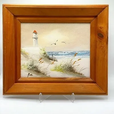 Vintage Lighthouse Seaside Gulls Painting Signed Acrylic On Wood Board Framed • $37.99