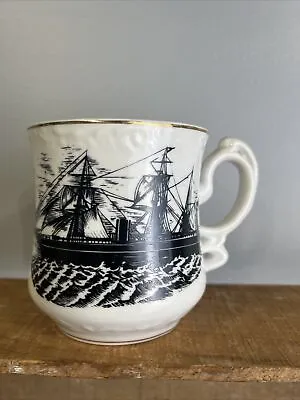 Lefton Clipper Ship Porcelain Mustache Mug Coffee Tea Cup Gold Trim • $19.99