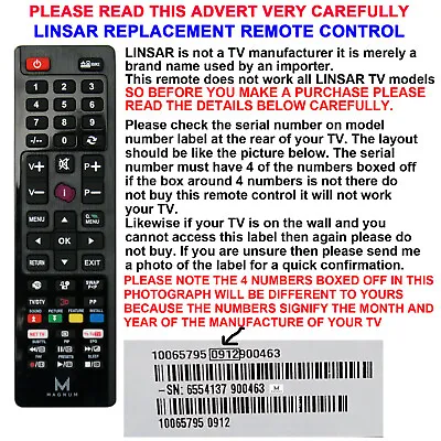 LINSAR TV REMOTE CONTROL A REPLACEMENT THAT WORKS MANY LINSAR LCD/LED TVs • £7.99