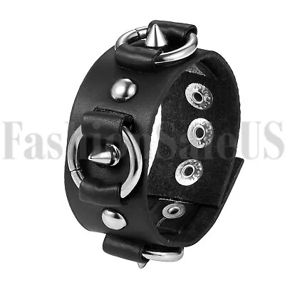 Mens Punk Gothic Biker Black Leather Rivet Button Bangle Wristband Bracelet Gift • $9.99