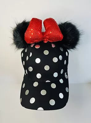 Disney Parks Minnie Mouse Pom Ears Black Silver Polka Dot Sparkle Bow Adult Sz • $5.99