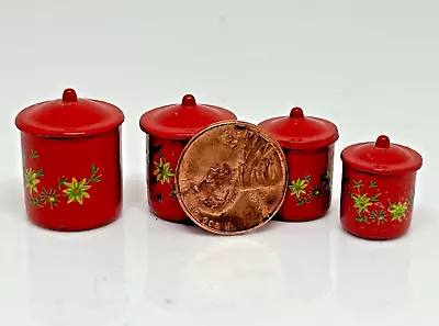 Vintage Dollhouse Miniature Red Enamel Canister Set W/Lids 8 Pieces 1/2 To 1 In • $13.56