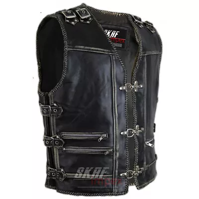 Men's Genuine Cow Leather Heavy Zipper Rocker Biker Motorcycle Vest Waistcoat  • $119.99