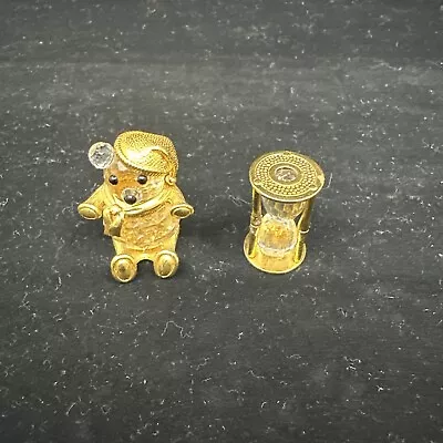 Swarovski Miniature Crystal Bear Hat Gold Tone 1980's And Hourglass • $35