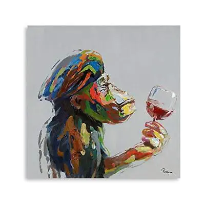 Monkey Wall Art Canvas Thinking Handpainted Painting Drinking Living Room Framed • $43.78