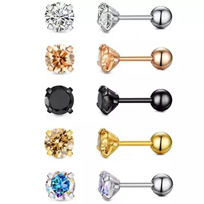 2Pcs Surgical Steel 4mm Round Cubic Zirconia Earrings Screw Back Studs Men Women • $5.95