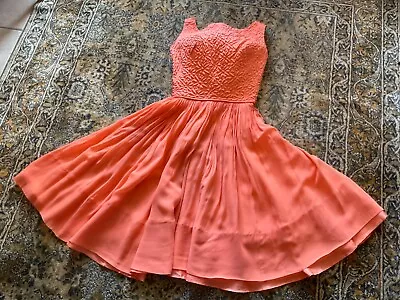 Reduced…Great Vintage Orange Chiffon Satin Evening Party Dress Trapunto Bodice • $35