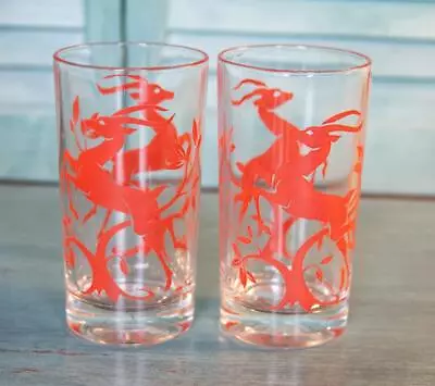 Set/2 Vintage 1950's MCM Federal Glass 5  Tumblers Red Leaping Gazelles Deer • $11.95