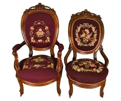 Antique Pair Of Victorian Needlepoint Gent’s And Lady’s Chairs #21944 • $875