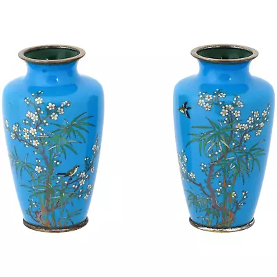 Pair Of Meiji Japanese Cloisonne Turquoise Enamel Silver Birds In Bamboo Vases • $3000