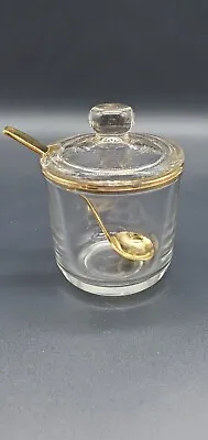 Glass Gold Rim Mustard Jelly Jam Glass Jar Lid Spoon With Small Gold Spoon • $18.99